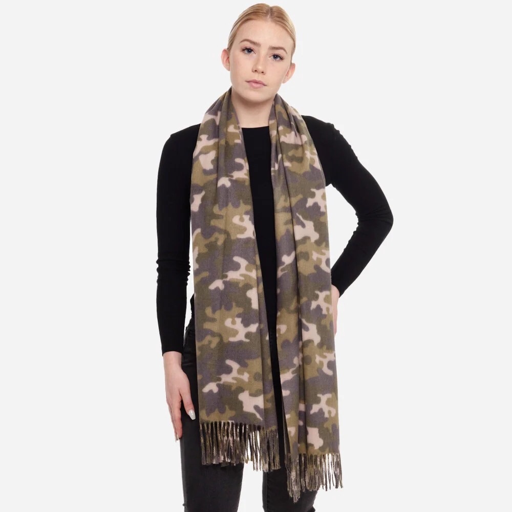 HARP SOLE BOUTIQUE SUPER SOFT CAMO SCARF WITH FRINGE